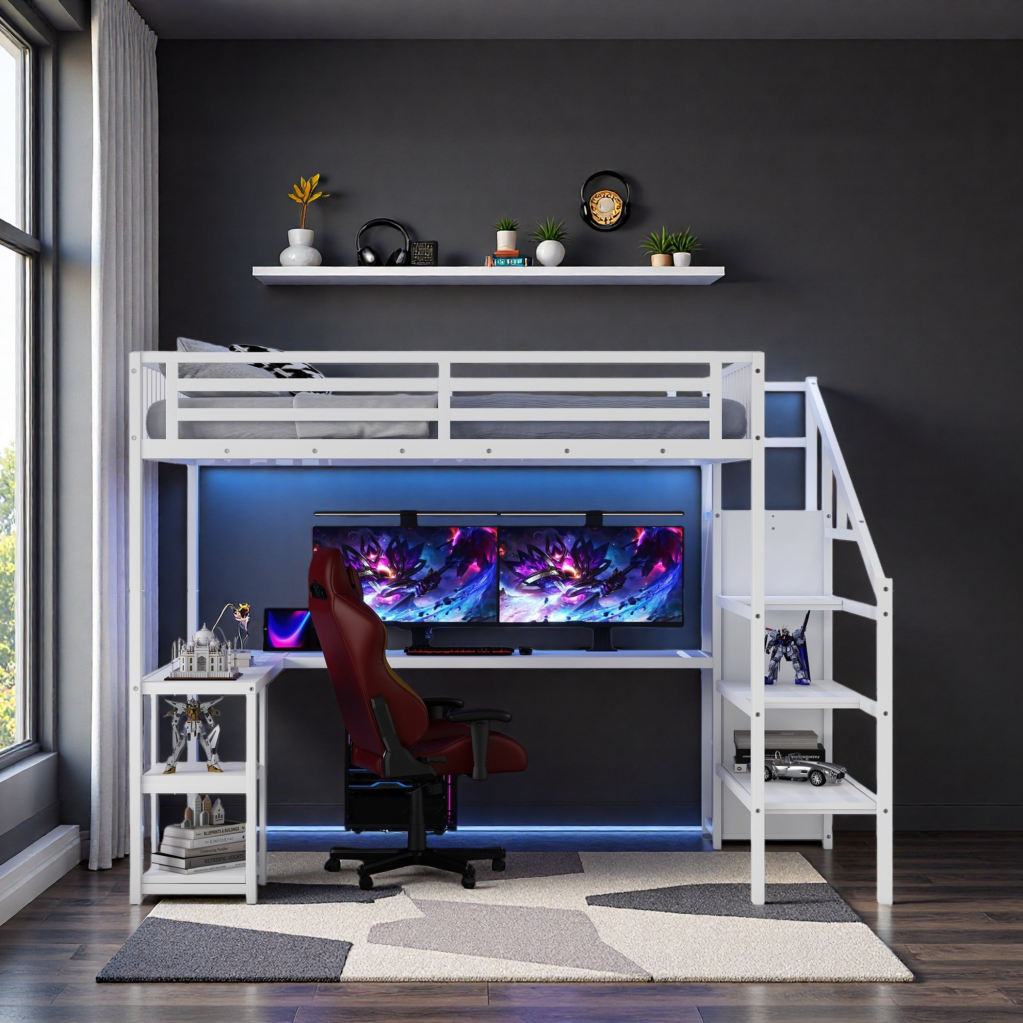 Harriet Bee Metal Queen Loft Bed With Wardrobe And LED Light, Queen ...