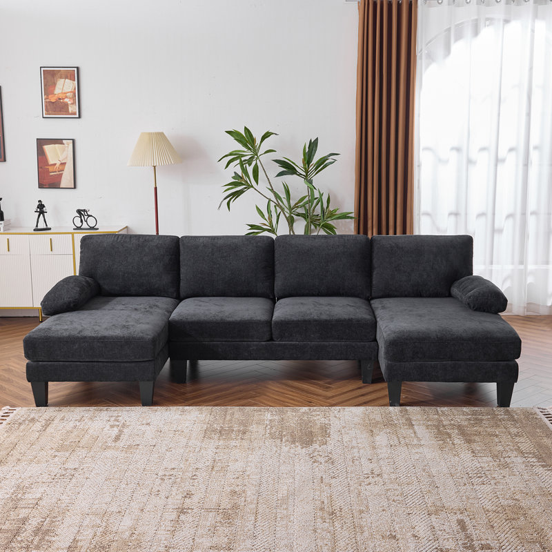 George Oliver 111‘W U-Shaped Sectional, Black Chenille