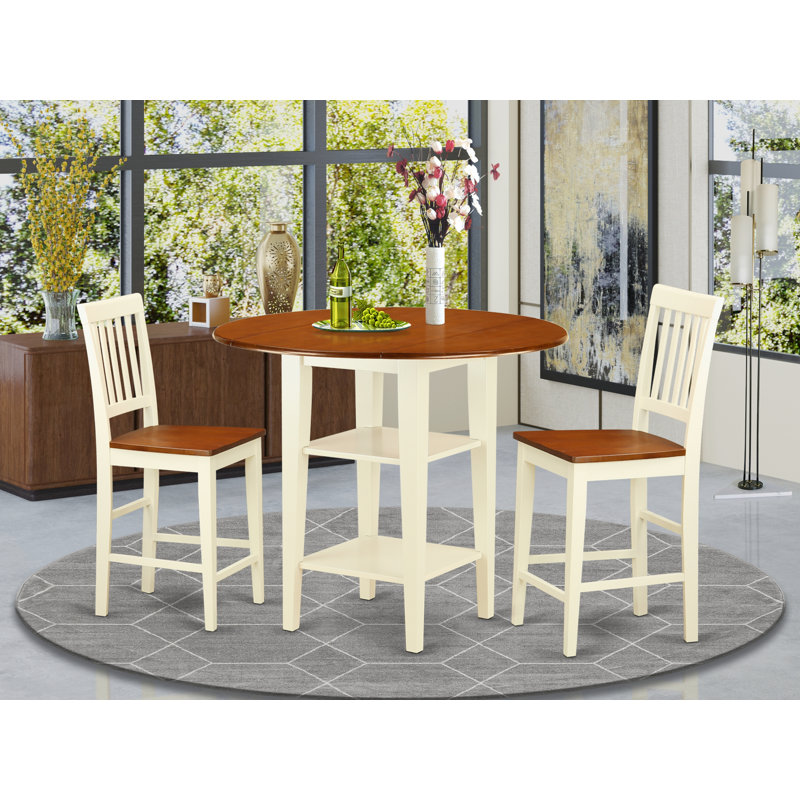 Ensemble de table de salle à manger à hauteur de comptoir ronde en bois de beurre et cerisier, 3