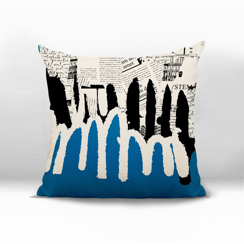 Oreiller carré réversible intérieur / extérieur Kisha, Turquoise / noir / blanc cassé abstrait, H 17 po x l 17 po