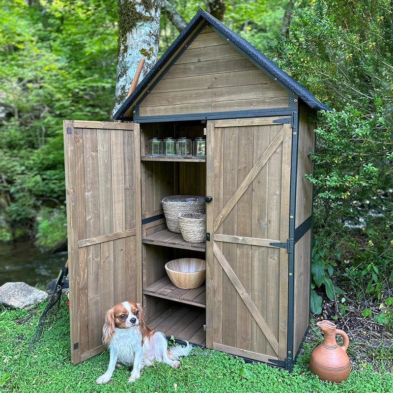 Brown Wooden Outdoor Storage Shed with Metal Frame and Shelving
