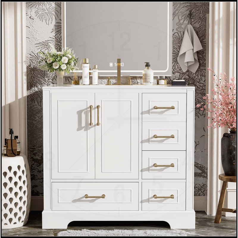 Meuble-lavabo de salle de bain traditionnel exquis avec lavabo en céramique et beaucoup de rangement, Blanc, Or