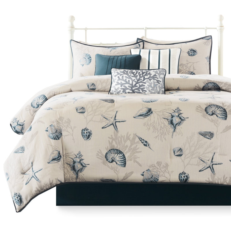 Édredon pour grand lit bleu - coton 200tc avec coquillages assortis et bourre 7 pièces, tissage croisé 180tc