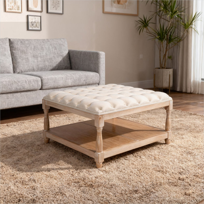 Table basse avec repose-pieds carré en lin capitonné avec tablette de rangement, 33 pouces, pieds en bois massif, beige doux