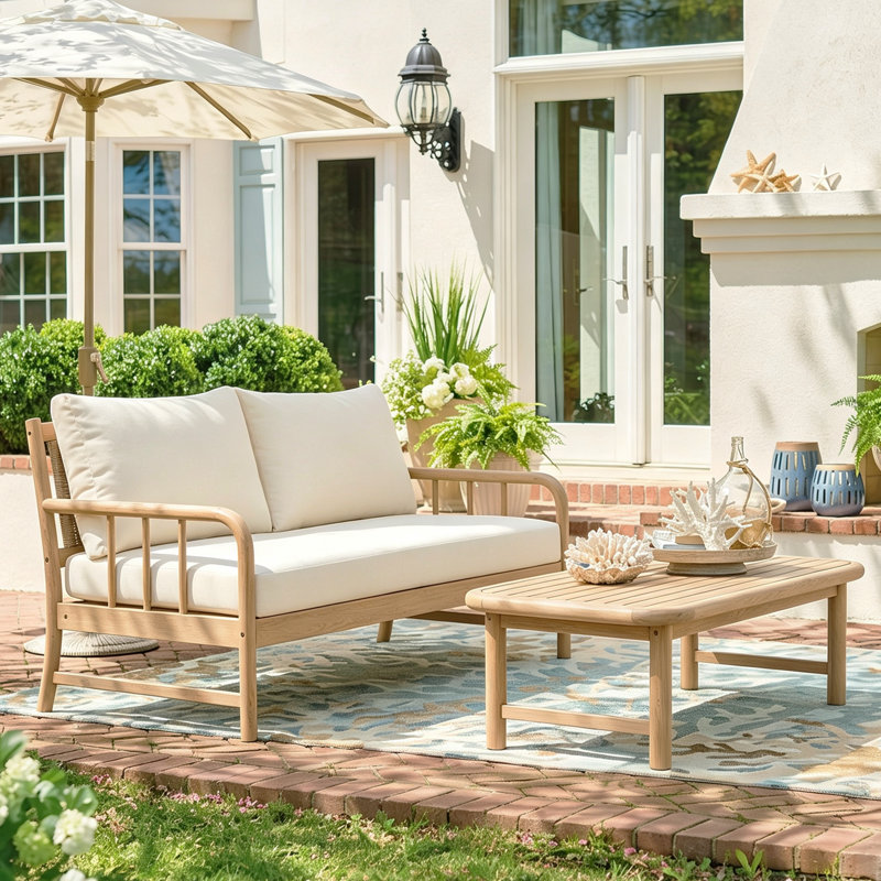 Ensemble de causeuse et de table basse en bois d'acacia moderne d'extérieur Meriton avec dossier en rotin PE