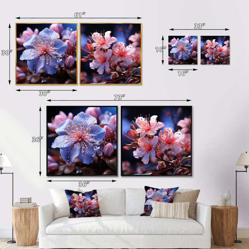 Lavande Rhododendron Elegant Beauty - Ensemble de 2 collages rhododendrons carrés, Cadre flottant noir, H 16 po x l 33 po