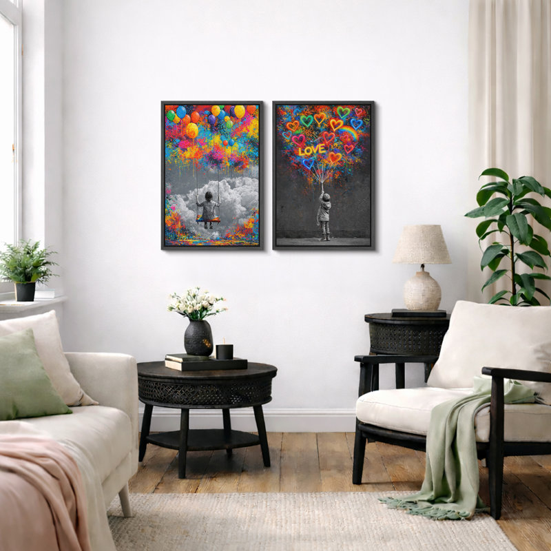 Art abstrait, fille avec ballons, impression sur toile encadrée, 2 pièces, H 24 po x l 32 po x P 1,5 po, Cadre noir