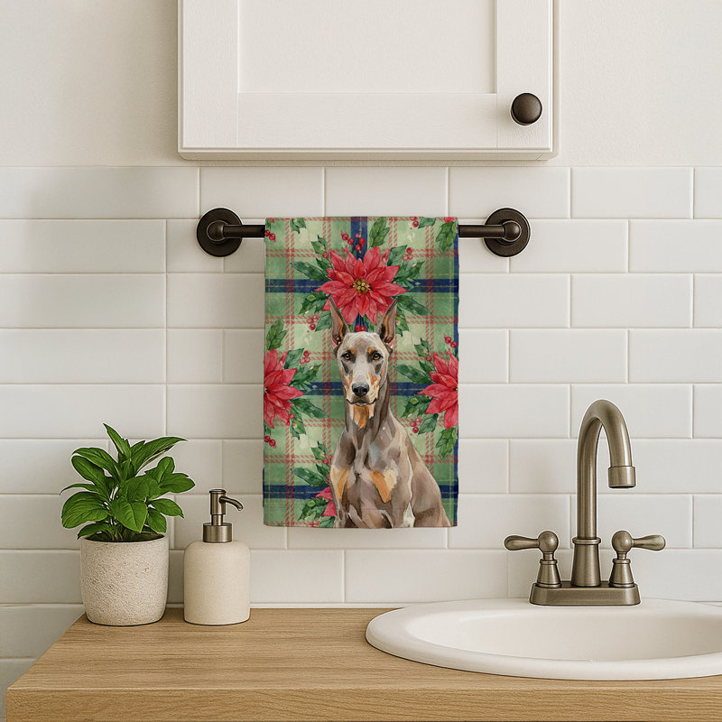 Fawn Doberman Pinscher Christmas PoinsettIas Kitchen Towel, Fawn Doberman Pinscher