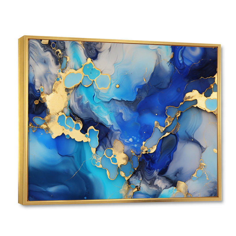 «Blue and Gold Luxury Abstract Fluid Art I», reproduction sur toile, H 16 po x l 32 po x P 1 po, Cadre flottant doré