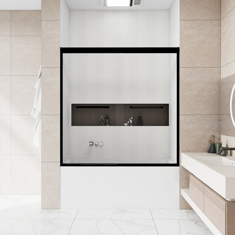 56-60" W × 60" H Aluminum Frame Double Sliding Bathtub  Shower Door | 1/4 Inch Tempered  Glass With Explosion-Proof Film | Stainless Steel  Handle | Matte Black