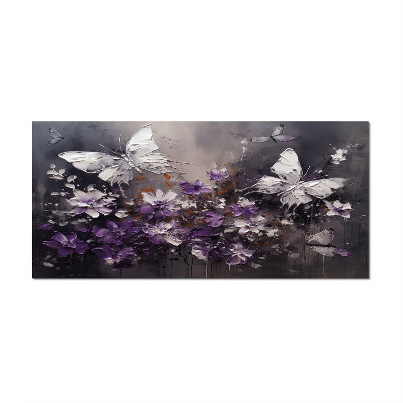 Ryuzo, ailes de papillon mauves et blanches - Fleurs, impressions sur toile, Toile tendue, H 28 po x l 60 po, Sans cadre