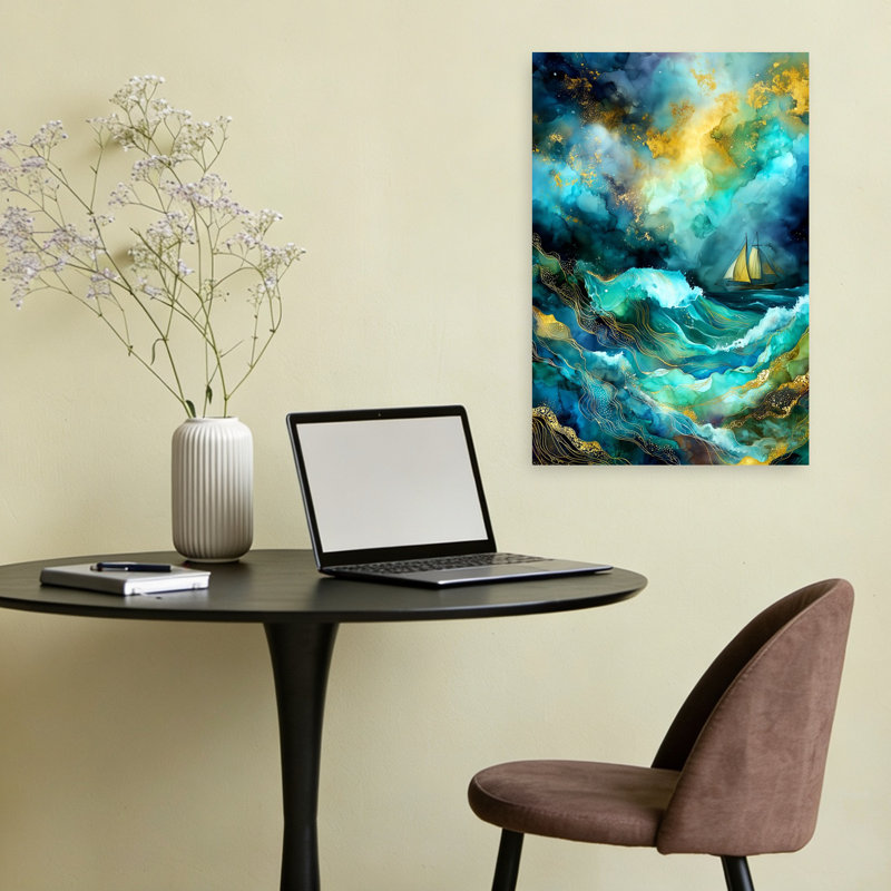 «Golden Ocean Journey», art mural abstrait, nature et océan contemporain, H 24 po x l 16 po