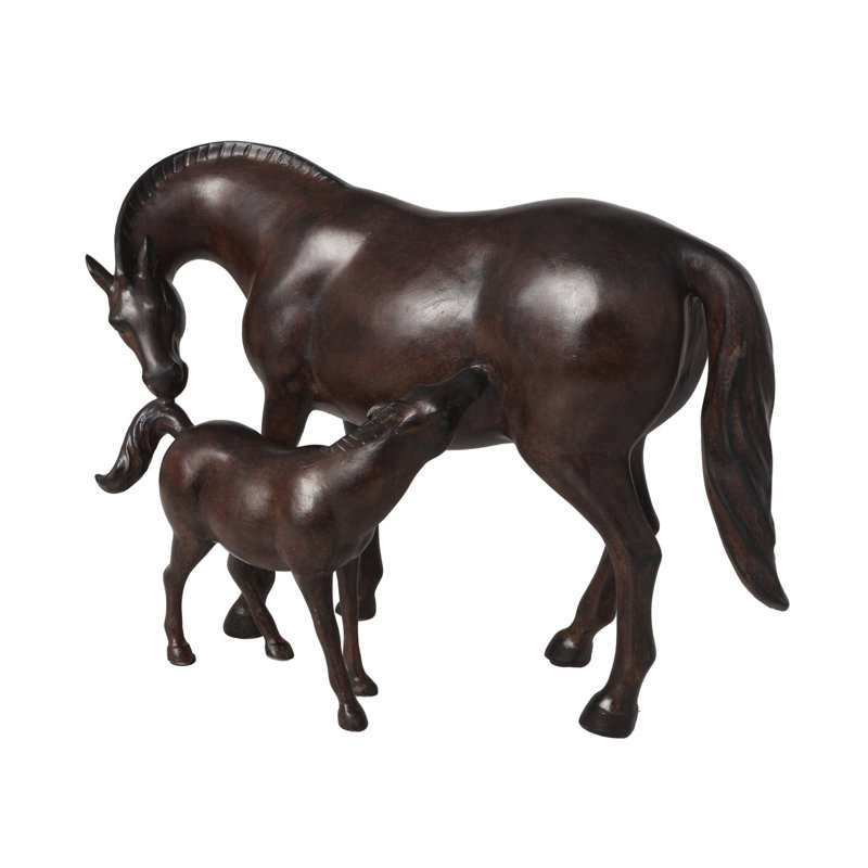 Sculpture cheval polystone décoratif brun foncé avec maman et bébé