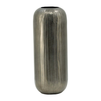 Tall Aluminum Layered Chisel Oval Vase With Vertical Textured Surface And Metallic Sheen For Elegant Table Centerpieces.