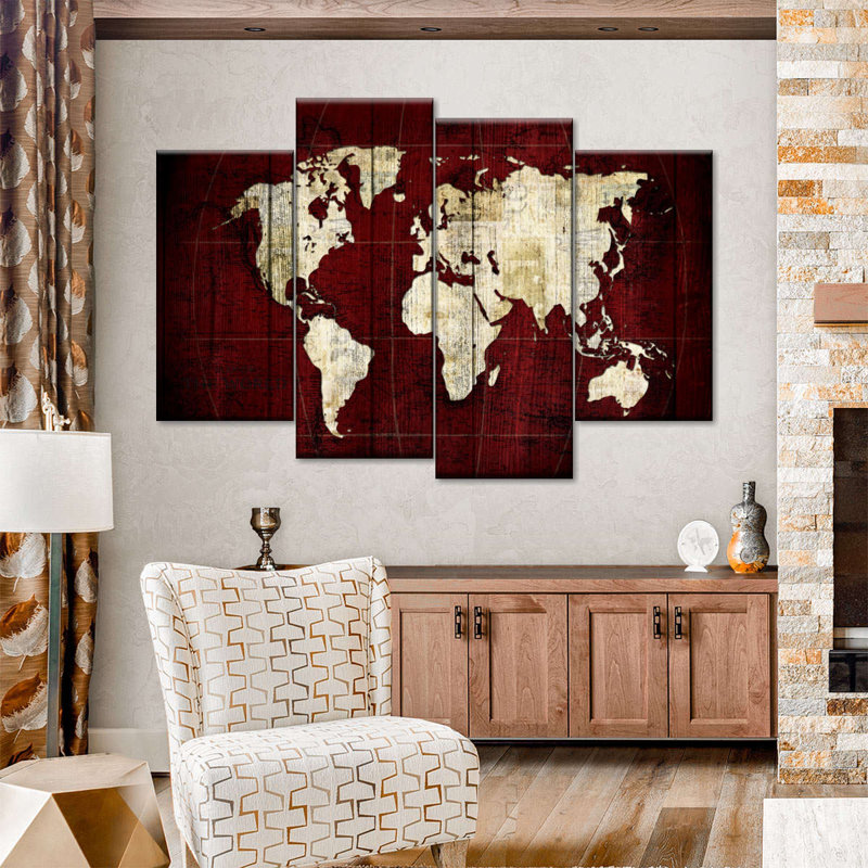 Carte du monde en blanc sur une carte du monde en rouge 4 pièces, H 42 po x l 68 po