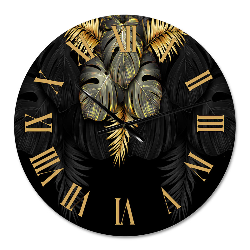 Feuilles tropicales noires et dorées IV - horloge murale moderne, Moyen