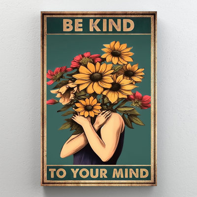 «Be Kind To Your Mind», art mural en toile de tête de bouquet de tournesols