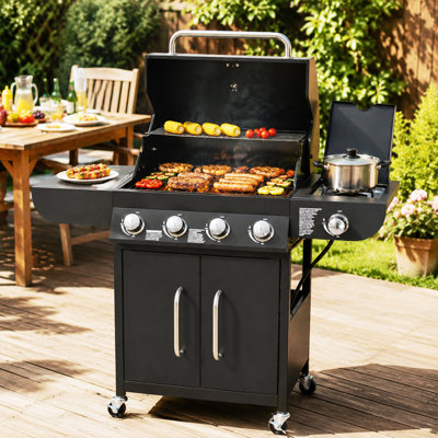 4‑Burner Propane Gas Grill with Side Burner, 52000 BTU Stainless Steel Outdoor BBQ Grill, 425 sq.in Large Cooking Area with Warming Rack, Cabinet & Rolling Wheels for Backyard Patio Barbecue
