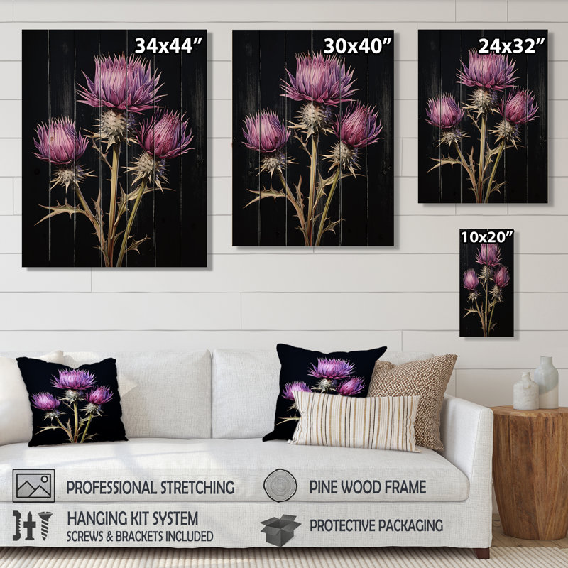 Fleurs de chardon mauve et noir I - chardon sur bois, H 20 po x l 10 po