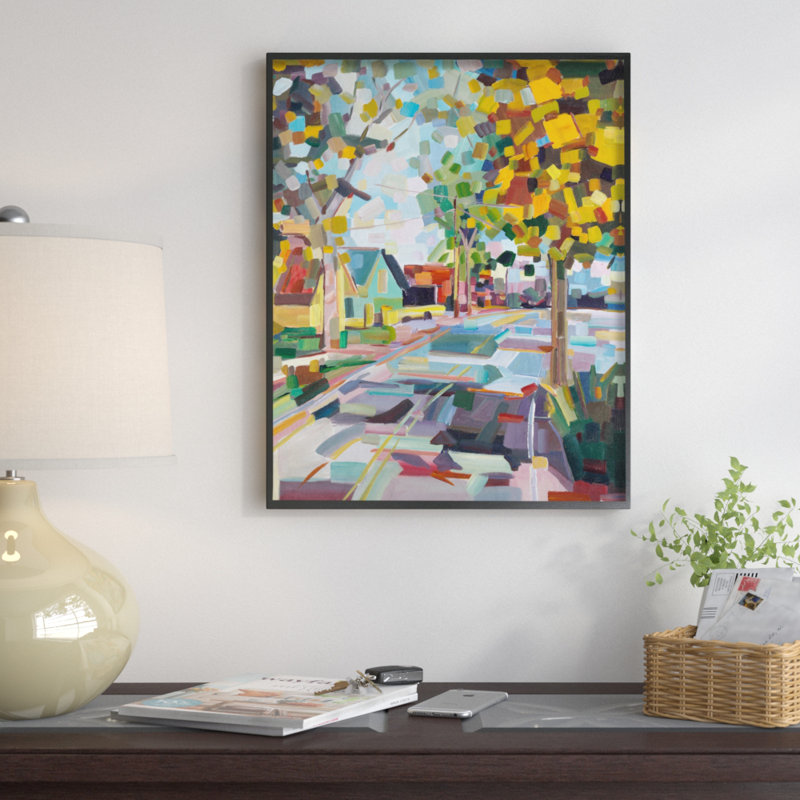" Geometric New England Fall Scene ", Midnight Black Framed Giclee, 14" H x 11" W x 1.5" D