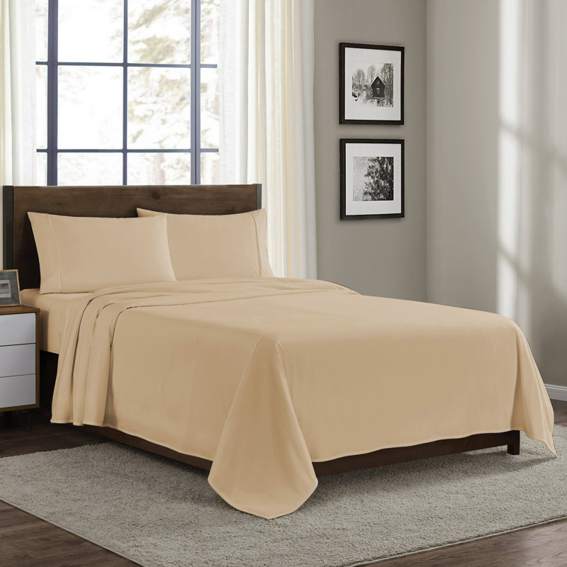 Draps en flanelle de coton de couleur unie avec poches très profondes et douillettes, Double, Beige
