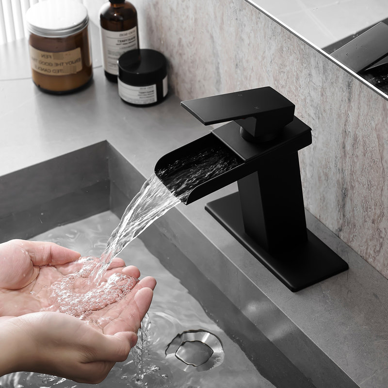 Robinet de salle de bain moderne à cascade avec plaque de pont, une poignée, laiton massif pour robinet de lavabo monté sur le comptoir, bec noir, noir mat, construction