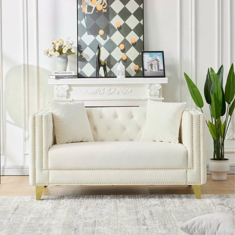 Canapé 58 po en velours Chesterfield de 58 po, canapé 2 places à siège profond, canapé moderne avec têtes de clou à boutons, accoudoirs carrés, meubles de salon, de chambre à coucher et de bureau (beige)