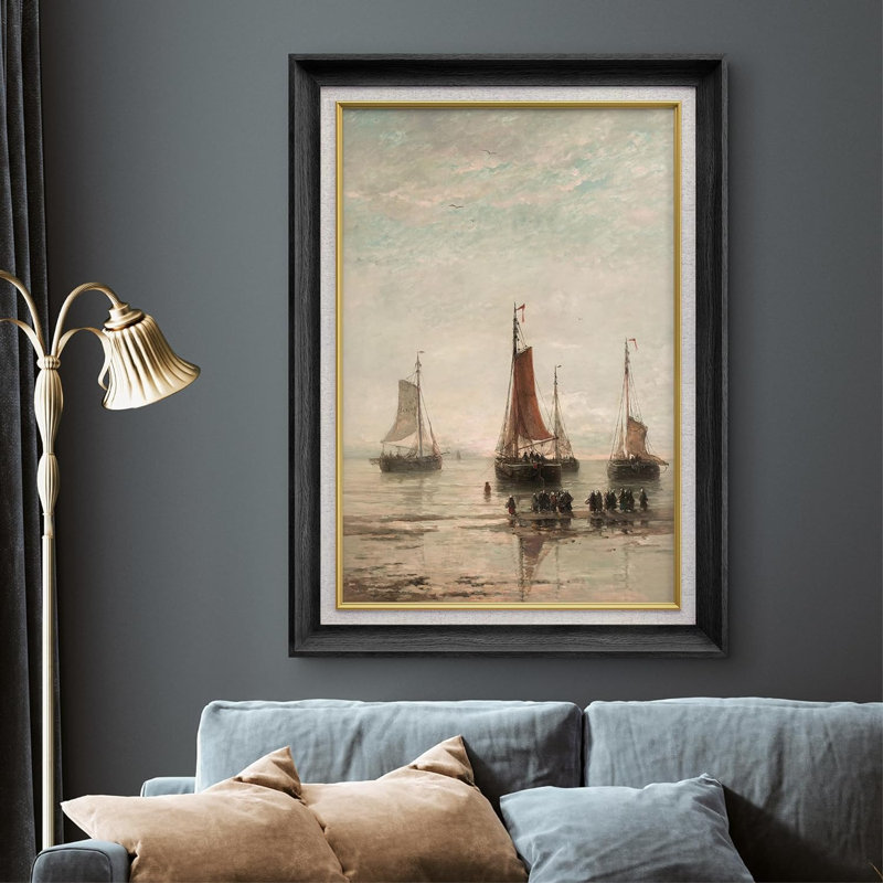 «Classical Ocean Nautical Boat By The Beach», peinture sur toile encadrée, Noir