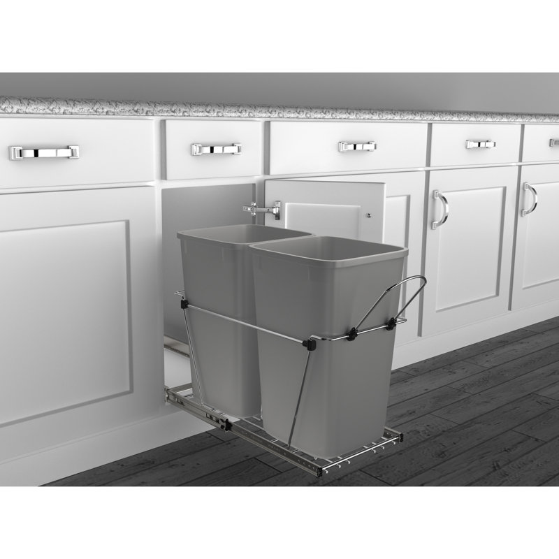 Rev-A-Shelf Double Pull Out Trash Can 35 Qt for Kitchen, Metallic Silver, 35 quart