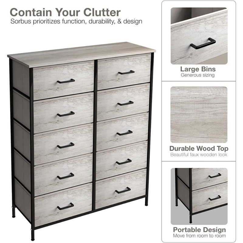 Sorbus Greige 10-Drawer Dresser with Faux Wood Bins & Steel Frame