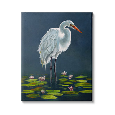 " Egret Bird Standing Lily Pad Pond Deep Blue "