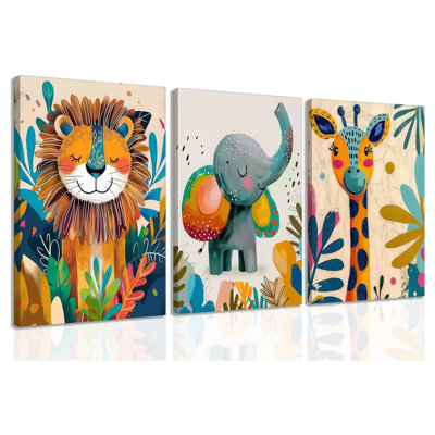 3Pcs Safari Animal Nursery Canvas Wall Art Cute Watercolor Elephant Giraffe Lion Pictures Wall Decor Colourful Jungle Animals Posters Painting Prints For Kids Room Baby Boys And Girls Room, Framed