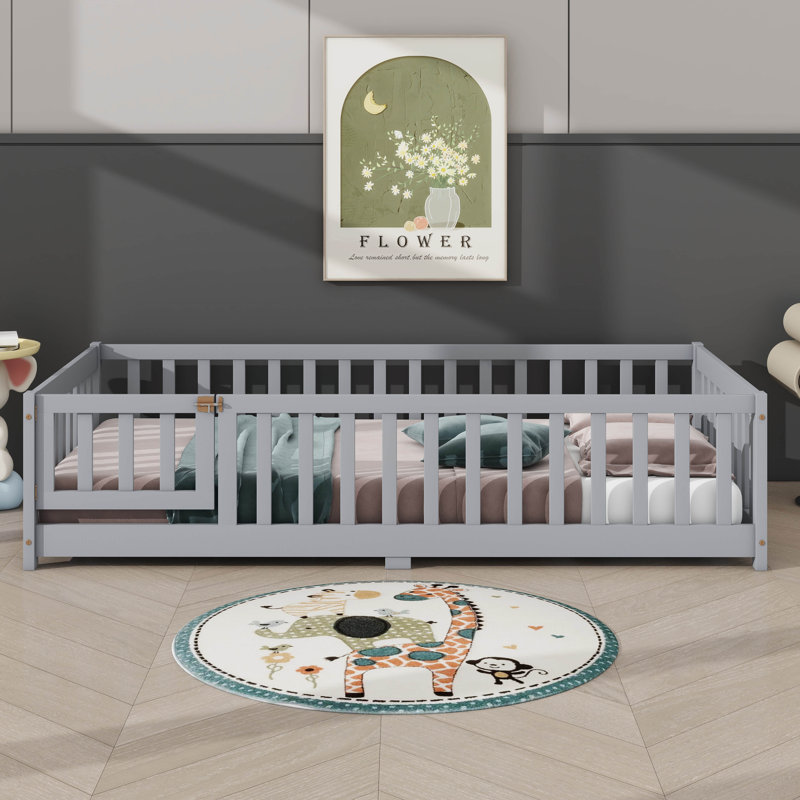 Lit au sol avec porte, clôture, lattes et barrières de sécurité complètes, gris, Lit simple