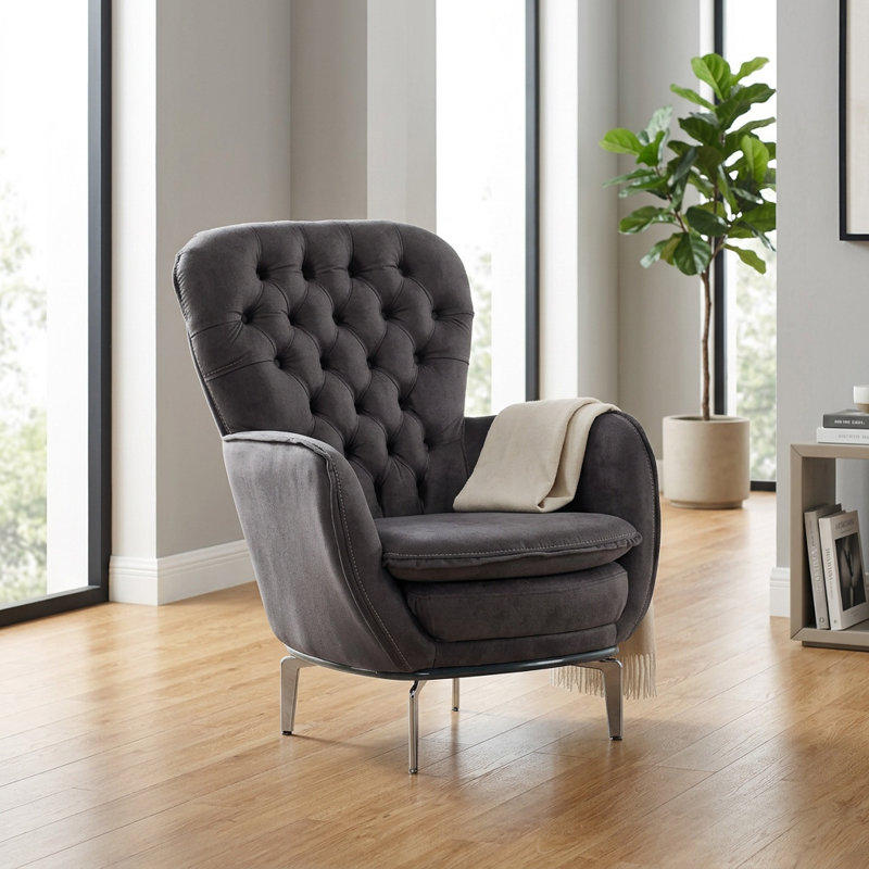 Fauteuil Chesterfield Eve, Argent argent, Noir