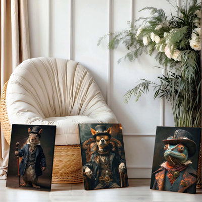 3 pièces d'art mural encadrées, ensemble de toiles encadrées de style animalier de style victorien rétro pour décor de bureau de salon avec écureuil chihuahua lézard en tenue de soirée formelle et accessoires Steampunk