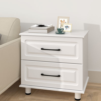 Table de chevet blanche avec 2 tiroirs, petite commode pour la chambre à coucher, commode en bois avec poignées en acier, commode Mid-Century pour le salon, le bureau