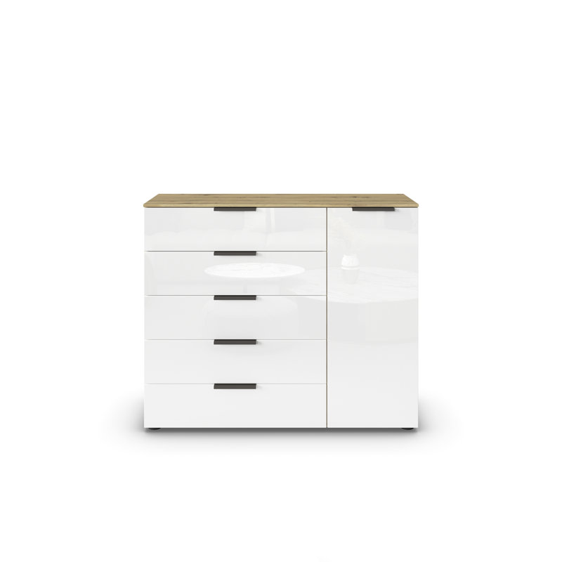 Flipp 5 - Drawer Chest of Drawers, Artisan Oak/White Glass/Graphite