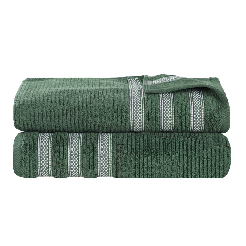 Zero Twist Cotton Ribbed Modern Geometric Border Soft Highly-Absorbent Bath Sheet Set, Forest Green