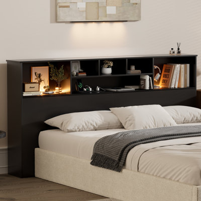 Modern Wooden Bookcase Headboard with Adjustable LED Lights & Charging Station – Queen & King Sizes,