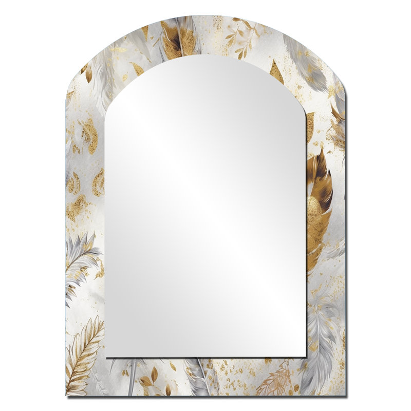 Gold And Silver Impressions Of Bohemian Energy - Boho Feather Arch Mirror, Gold Asymmetrical Decorative Wall Mirror, Printed Metal Art