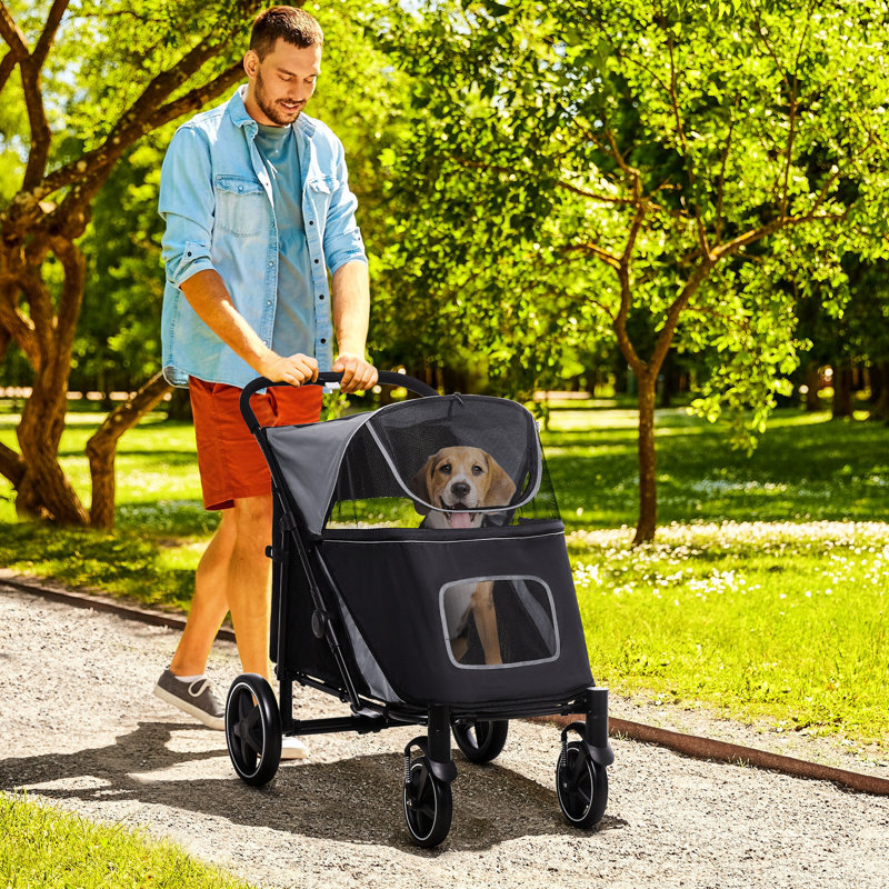 Poussette pour chien de taille moyenne à grande - Roues absorbant les chocs, filet, gris, absorbant