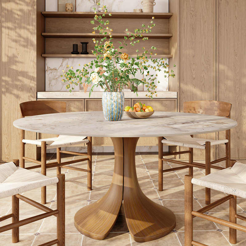 Aurora 47‘’/53‘’/59‘’ Farmhouse Round Sintered Stone Dining Table - Sculptural Solid Hardwood Pedestal For 4-8