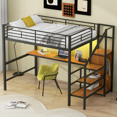 Lit mezzanine double en métal avec bureau, escalier de rangement, petite armoire et lumière DEL pour les chambres modernes