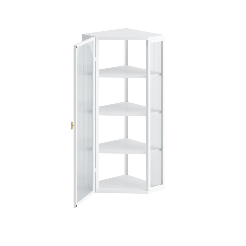 Armoire de coin murale en métal blanc avec porte en verre nervuré et rangement à 4 niveaux