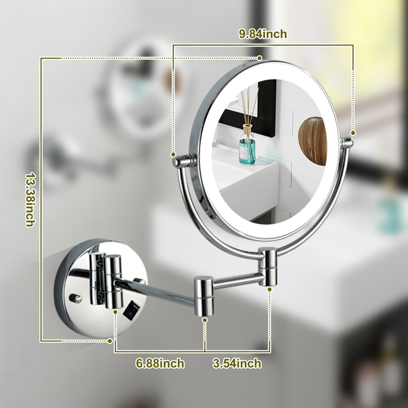 8" Dual-sided Wall Mounted Lighted Makeup Mirror, 1x/3x Magnification, Hardwired Connection, Chrome