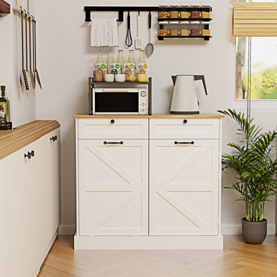 Armoire de rangement pour poubelle de cuisine avec 2 tiroirs, 1 armoire à ordures basculante, 1 porte avec support de rangement et 2 tablettes pour la cuisine