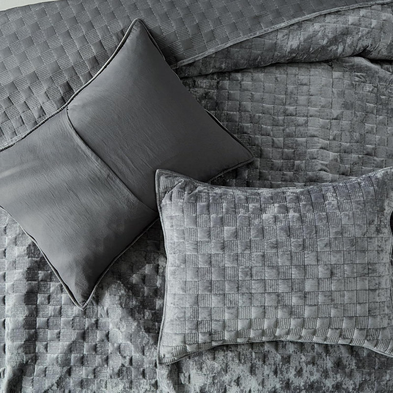 Couvre-lit en velours avec taies d'oreiller Zera MJ, Grand couvre-lit / couvre-lit + 2 taies d'oreiller, Gris