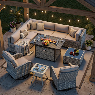11-Piece Outdoor Patio Conversation Set With Propane Fire Pit Table, 7-Piece Wicker Sectional Sofa & Coffee Table, 2 Swivel Rocking Chairs & Side Table