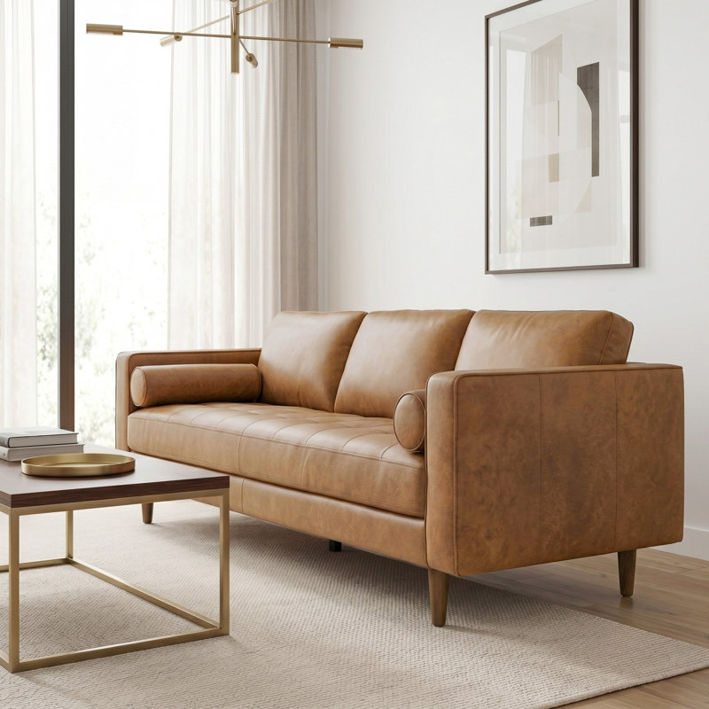 Canapé Catherine en cuir véritable beige, L 88,2 po
