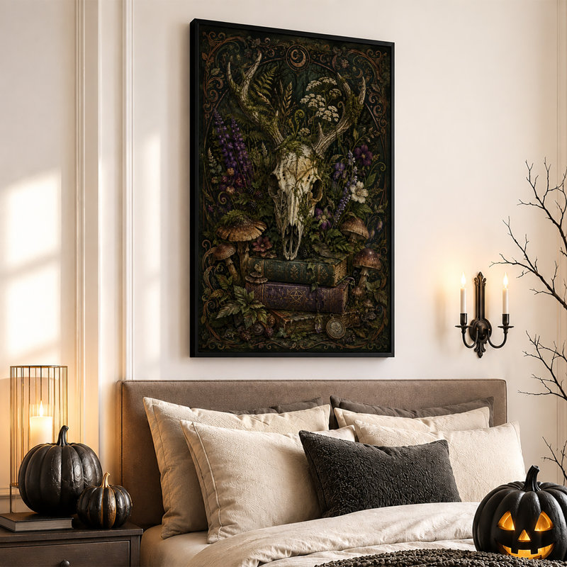 Art mural sur toile, crâne de cerf blanc avec bois et champignons sur Halloween, H 24 po x l 16 po